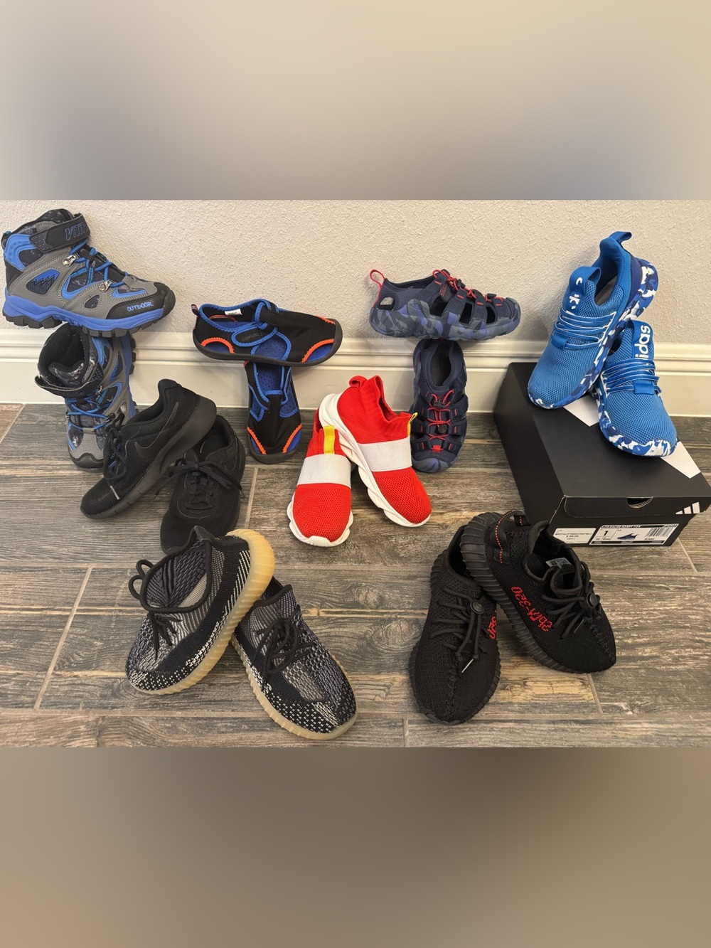 8 pairs of Boy’s size 1- Fashion Sneakers, Hybrid, Water Shoes & Hiking boots